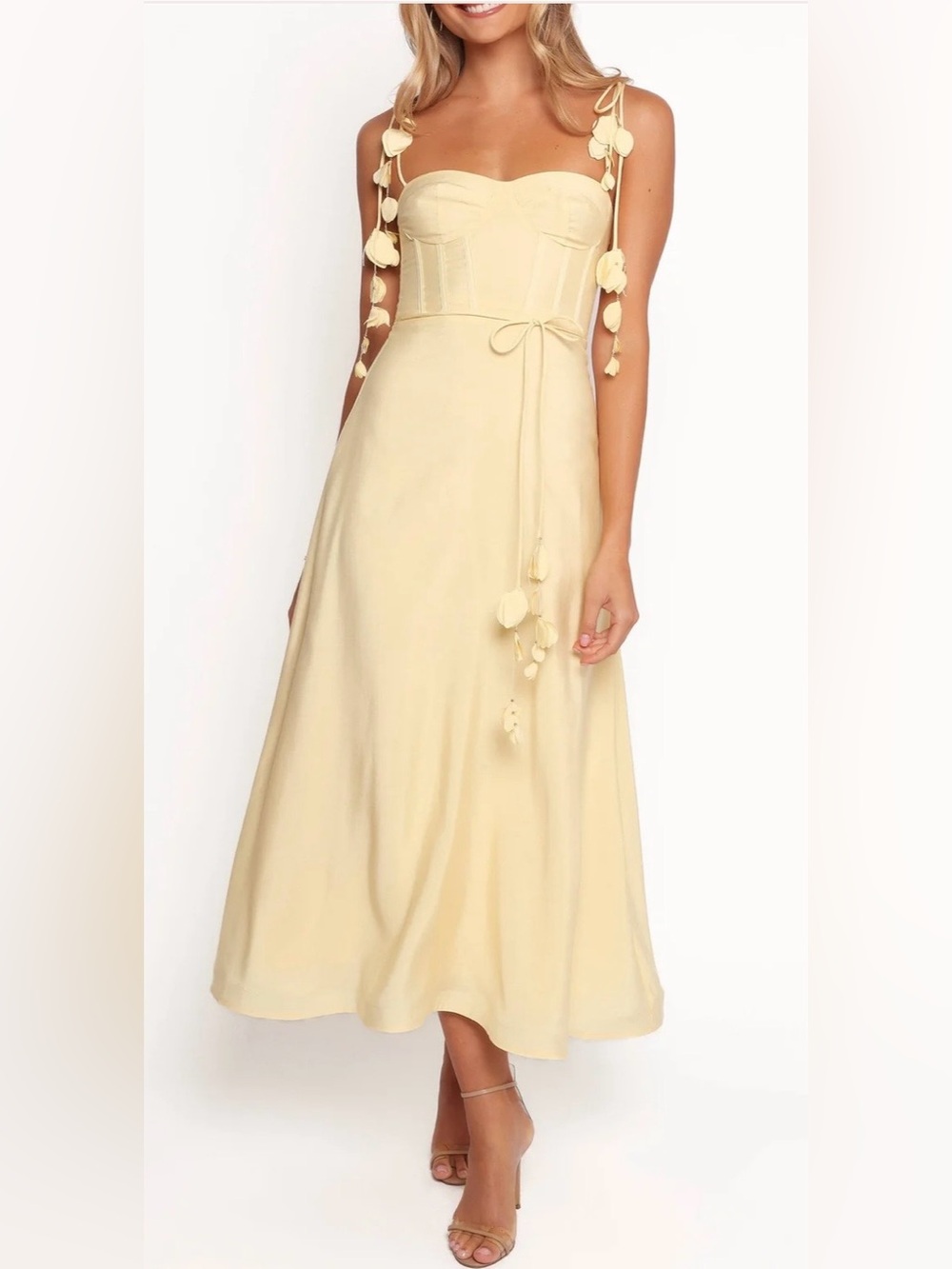 Main Strip Pale Yellow Midi Dress with Floral Tie Straps